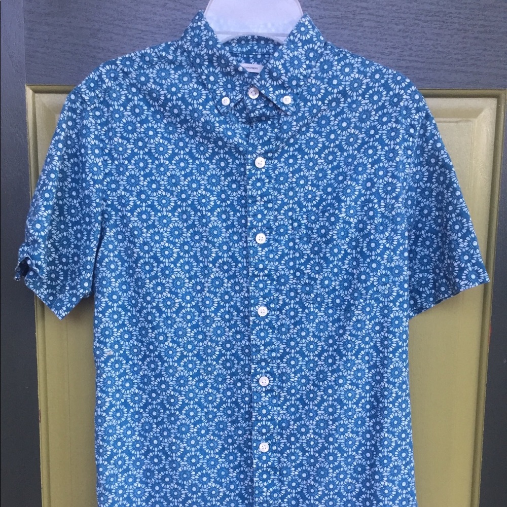Blue button down shirt with print